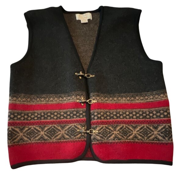 Tally Ho Vintage Wool Sweater Vest Womens Small Black Red Fair Isle Metal Clasp - Picture 1 of 6